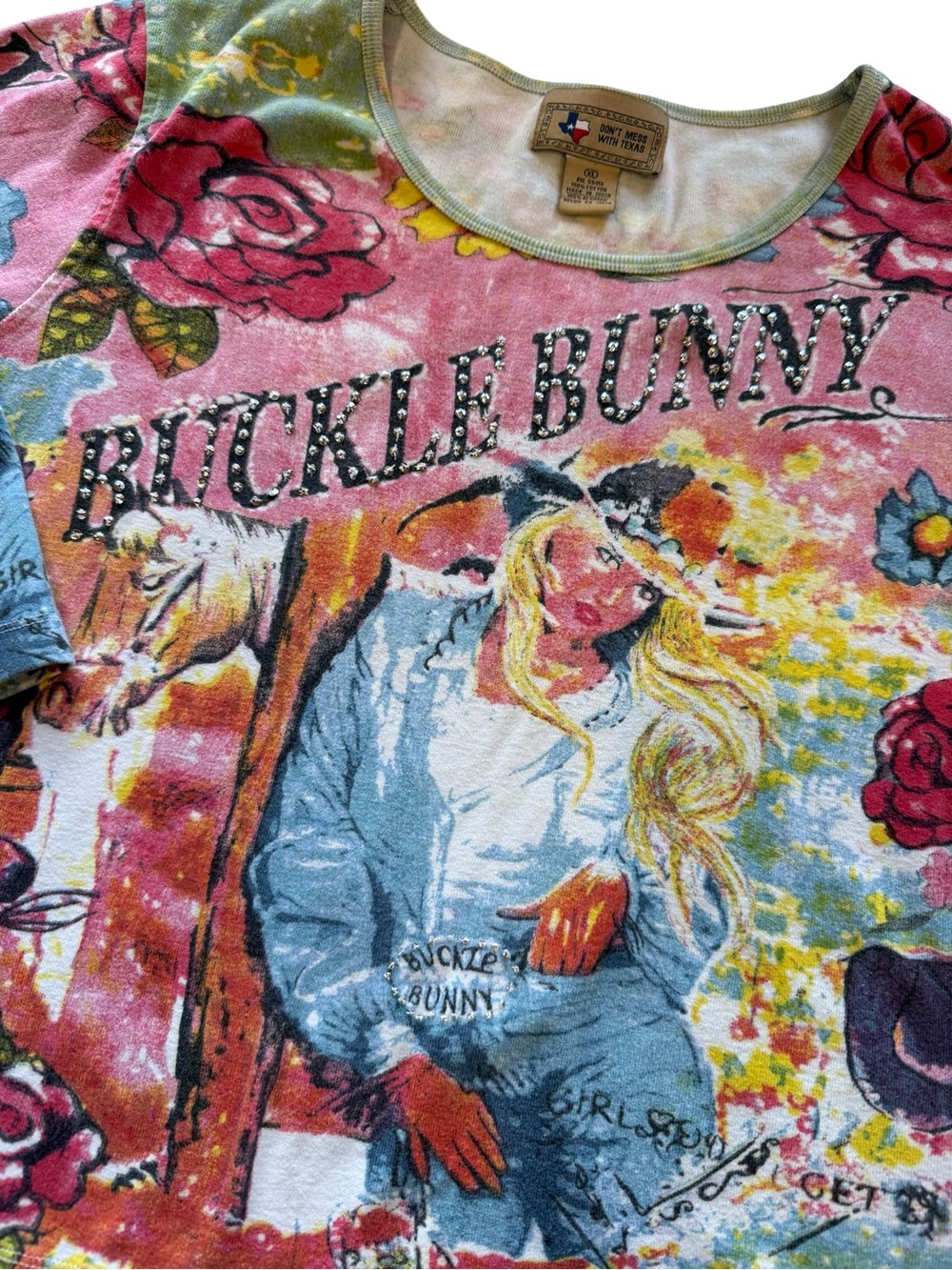 Y2K Buckle Bunny Western Graphic Top XL Pink Cowgirl Rhinestone 3/4 Sleeve Tee - Picture 5 of 7